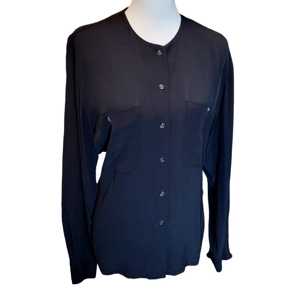NWOT Jones Wear Black Button-Down Rayon Long Sleeve Blouse – Size 10